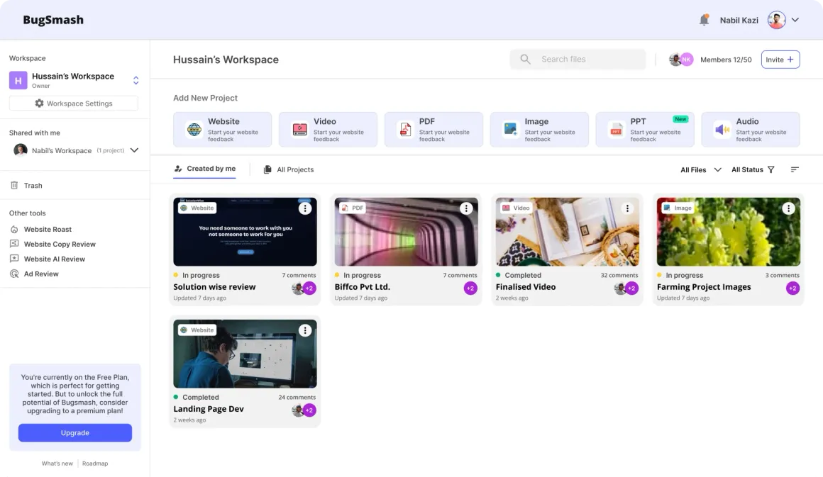 BugSmash dashboard showing agency feedback and approval comments