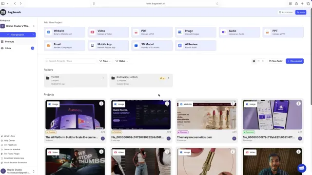 BugSmash dashboard showing project types, folders, and review projects
